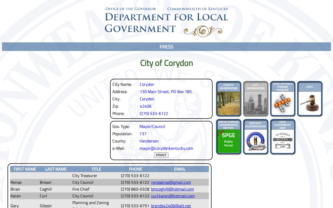 Official Kentucky local government listing used for Corydon arrest record routing