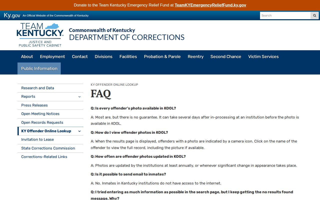 Kentucky DOC KOOL offender photo guidance for Henderson County records